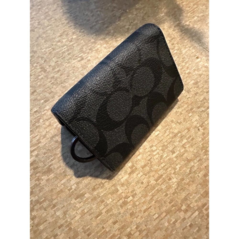 Coach Signature Five Ring Key Holder Card Case Wallet Black Signature Canvas - Picture 8 of 11